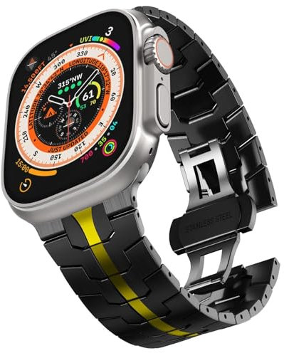 NEYENS Correa de acero inoxidable para Apple Watch Ultra 2 Band 49 mm 45 mm 44 mm 42 mm, correa de metal con cierre plegable para Apple Watch Series 9 8 7 6 5 4 3 2 1 Ultra/Ultra 2 Men(Black/Gold)