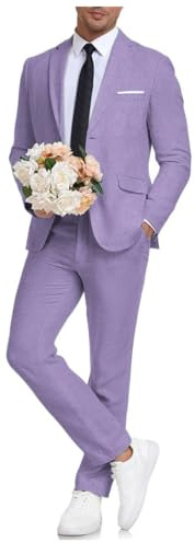 Leinen Einreihiges 2-teiliges Blazer-Hosen-Set für Herren Klassische Passform Kerbrevers Formelle Anzüge Smoking, Flieder, XL