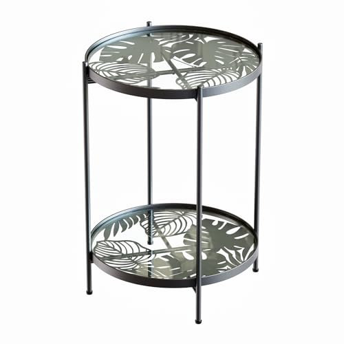 HOMEWINS Mesa auxiliar redonda de metal y cristal, 40 x 55 cm