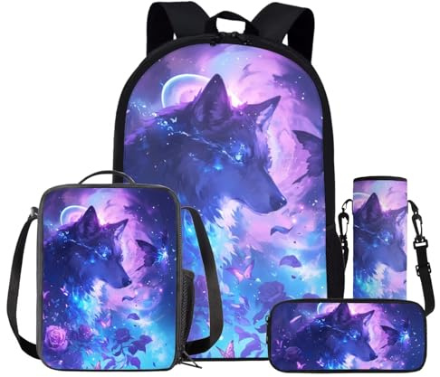 OZELANSAY Kinder-Rucksack mit Tiermotiv, cooler Wolfs-Druck, Schultasche für Jungen und Mädchen, mit Lunch-Taschen, Federmäppchen, Wasserflasche, Grundschule, Tagesrucksack, Reisen, Wandern, Camping