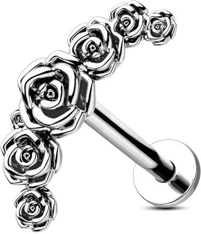 Jewseen Rose Flat Back Earring Internally Threaded Cartilage Earring Curved Lip Ring 316L Stainless Steel Helix Earring Labret Piercing Jewellery
