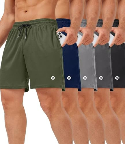 lomsoe 5er Pack Sporthose Herren Kurz 5 Zoll, Mesh Laufhose Herren Kurz Schnell Trocknend Sommer, Running Gym Sport Shorts Aktiv mit Taschen(Schwarz+Dunkelgrau+Hellgrau+Marineblau+Armeegrün,L)