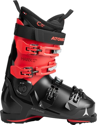 ATOMIC HAWX ULTRA 100 Skischuhe in Schwarz/Rot - Größen 38–47 - Schmale Ski-Boots mit 98 mm Passform - Memory-Fit Skistiefel aus robustem PU - Hochwertige Ski-Schuhe mit 3D Knöchel & Ferse