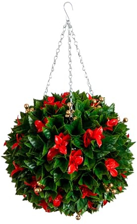 Nearly Natural 15in UV Resistant Artificial Red Tip Photinia Christmas Hanging Ball with Gold Berries - Indoor/Outdoor Artificial Hanging Basket
