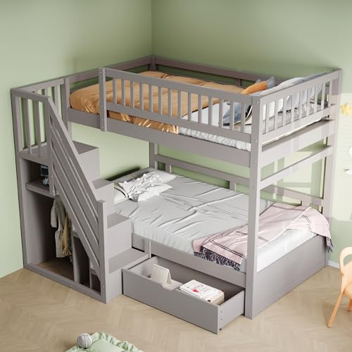 Kebnor Litera de madera maciza, con rejilla de alta seguridad, con somier, escalera de seguridad con espacio de almacenamiento, con cajones, cuna para niños (gris, 90 x 200 cm)