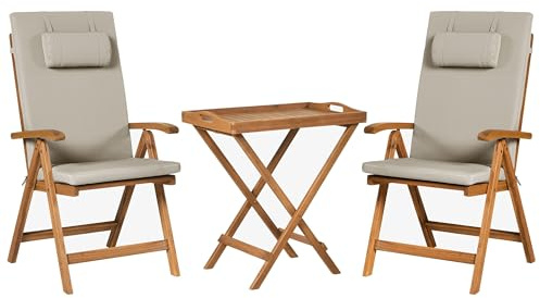 Beliani Rustic Garden Bistro Set Acacia Wood Table 2 Chairs Folding Taupe Cushions Java Premium