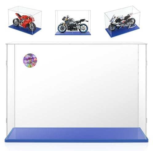 Acryl Vitrine 50x20x35 für Lego Motorrad BMW m1000rr,Ducati Panigale V4 | für Lego 42130,42202,Yamaha MT-10 SP 42159,Einfach zu installieren,Staubschutz,Transparent Acryl,Blau Basis