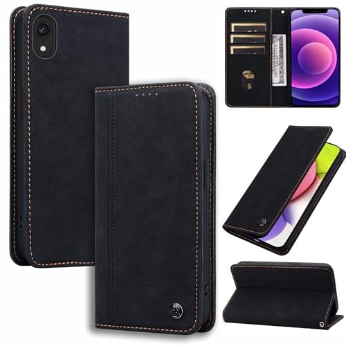 CASAFUNY Handyhülle für iPhone XR Hülle Leder Flip Wallet Stoßfeste Case Klapphülle Tasche Kartensteckplätzen Schutzhülle für iPhone XR 6.1 Zoll, Retro Schwarz