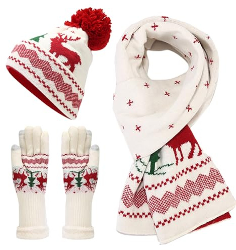 Diogeynu Stilvolle rote Mütze Schal Handschuhe Bundle für festlichen Weihnachtsbaum Elch Festlich Rot Hut Schal Handschuhe Set mit Fleece Futter Baby Winter Handschuh Sets Mädchen
