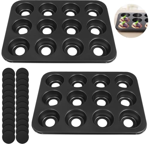 Confezione da 2 mini teglie per cheesecake, 12 fori per cupcake con fondo rimovibile, in acciaio al carbonio antiaderente, 35 x 26 cm