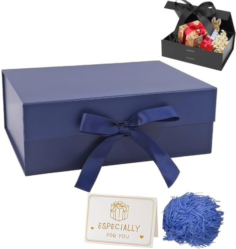 Dark Blue Gift Box with Lids 22x16x8.8 cm,Magnetic Gift Box Luxury Present Box with Ribbon Greeting Card Shredded Paper for Holidays Wedding Birthday Gift Packaging Party Gift Boxes