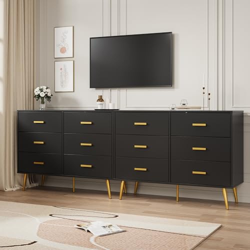 Aptliton Wooden Chest of Drawers, Modern 6 Drawer Storage Cabinet with Gold Handles and Sturdy Metal Legs, Bedroom Drawer Organiser for Living Room, Hallway or Entryway, Black