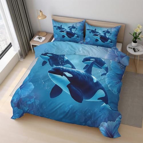 Generisch Bettwäsche Killerwal, Bettwäsche 135x200cm Meereslebewesen, Weiche Angenehme Mikrofaser 2 Teilig mit Reißveschluss 1 Kissenbezüge Wendebettwäsche Bettbezug Set K&4