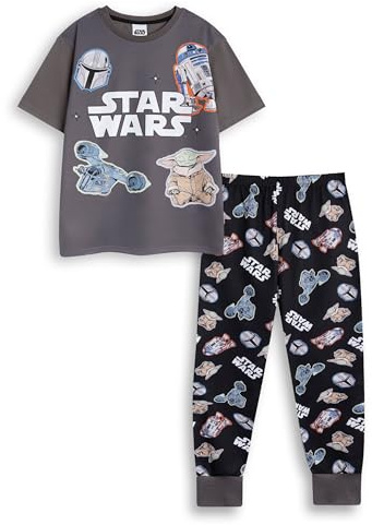 Star Wars R2D2 Yoda Boba Fett Grey Short Sleeve Long Leg Pyjama Set | Kids Unisex Sleepwear with Movie Characters | Comfortable Nightwear for Bedtime & Relaxation Merch