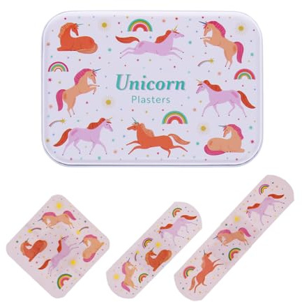 Rex London Dinosaurier Pflaster Set in Metalldose, 30 Stück Latexfrei, 3 Größen, Bunte Dino-Motive für Kinder (Einhorn)