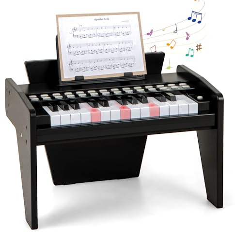 DREAMADE Clavier 25 Touches, Piano Électrique pour Enfants avec 15 Démos, 6 Tonalités et 8 Percussions, Enseignement Guidé par Lumière avec Pupitre Amovible (Noir)