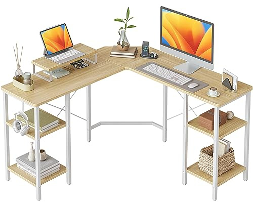 Cubiker L Shaped Gaming Desk 128 x 128 cm Computer Office Desk, Corner Desk with Dual Side Storage Shelves and Monitor Stand for Home Office Study Writing Workstation, Light Walnut