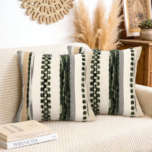 Joymaison Kissenbezüge 45x45 2er Set Gestreift Olivgrün Boho Chenille | Deko Kissenhülle Neutral Terrassen Möbel Moderne Weiche Strukturierte Dekorative Kissenbezug Kissen für Couch Sofa