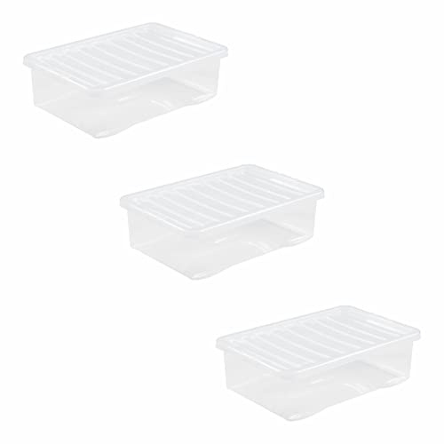 JMS (Set of 3) 32L Litre Under bed Crystal Clear Plastic Storage Box With Lid Storage Container Stackable & Nestable Container For Living Room Bedroom Shoes Toys Office Home & Kitchen Made in UK