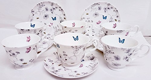 fromeuropewithlove Secret Garden Fine Bone China Tea Coffee Set 6 Cups & 6 Saucers Flowers Butterflies and Bees Hand Decorated in UK