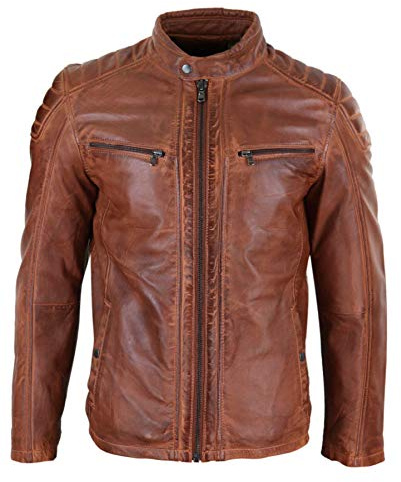 Mens Real Leather Jacket Tailored Fit Biker Zipped Smart Casual Retro Vintage - Tan Brown 3XL