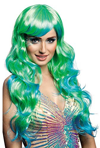 Amakando Gewellte Feen-Langhaarperücke Anime/Grün-Blau/Damenperücke Wasser-Nixe/Ideal zu Fasching & Kostümfest