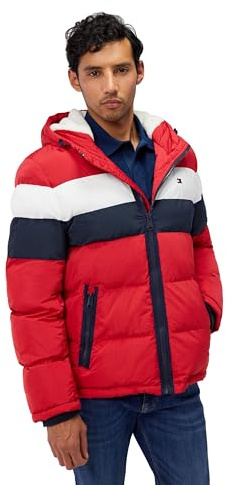 Tommy Hilfiger Men's Hooded Puffer Jacket Down Alternative Outerwear Coat, Red/Ice/Navy Poly Tech, M