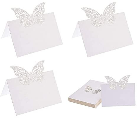 LATRAT 20 Stück weiße Schmetterlingskarten Laserschnitt, Name Platz Karten, Weiß Schmetterling weiße Tischkarten, für Gastgeschenke Geburtstag Tischkarten Hochzeit Party Favor