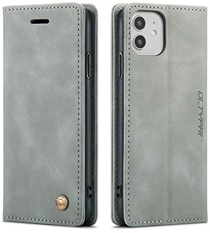 QLTYPRI Compatible with iPhone 12/iPhone 12 Pro Case, Vintage PU Leather Wallet Case Card Slot Kickstand Magnetic Flip Folio Book Phone Cover - Grey