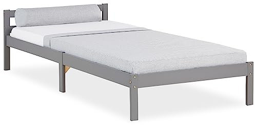 Homestyle4u Bett Holzbett 90x200 mit Lattenrost Kiefer Massiv Bettgestell Einzelbett Gästebett Holz Grau Massivholzbett