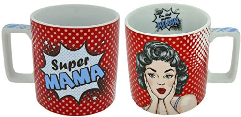 Porzellan-Tasse im Vintage Look, Super Mama du bist meine Heldin, rot, 450ml XXL Kaffee-Tasse Kaffee-Becher Rockabilly Pinup-Girl Pop-Art