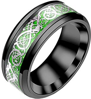 PAMTIER Herren Damen Drachen Ring Edelstahl Kohlefaser Keltischer Drachen Muster Ehering Ring Silber Dargon Grün Schwarz Größe 68 (21.6)
