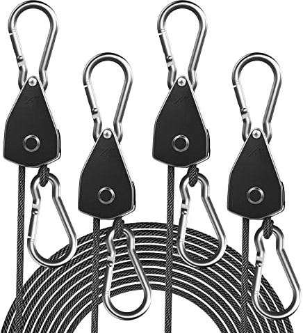 STAYGROW 4-Pack 1/8 Adjustable Rope Hanger, Heavy Duty Ratchet Tie Down Strap with Reinforced Metal Gear, Ratcheting Pulley System Kayak Straps for Hanging Plants Grow Light and Various Tie-Down Uses