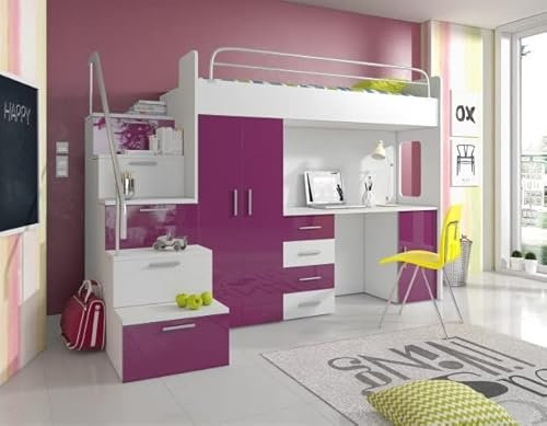 Hochglanz Hochbett mit Schreibtisch TOMI 4S - Schrank und Regal in den Treppen (Weiß + Violett Glanz, Mit Matraze und Matrazenrahmen)