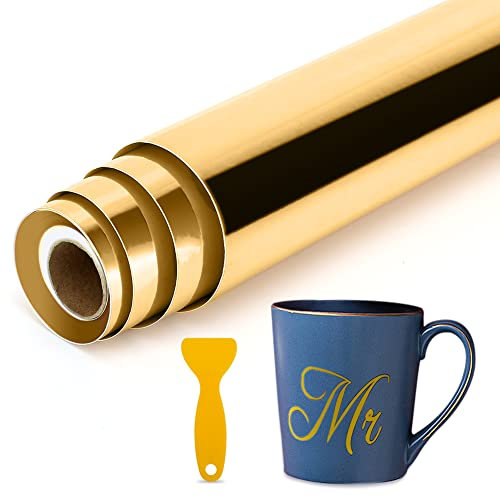 Rouleau de film autocollant permanent en vinyle - Avec grattoir - 30,5 x 305 cm - Chromé métallisé - Pour traceur - Film brillant pour traceur Cricut - Scrapbooking - Tasse - Découpeur - Doré