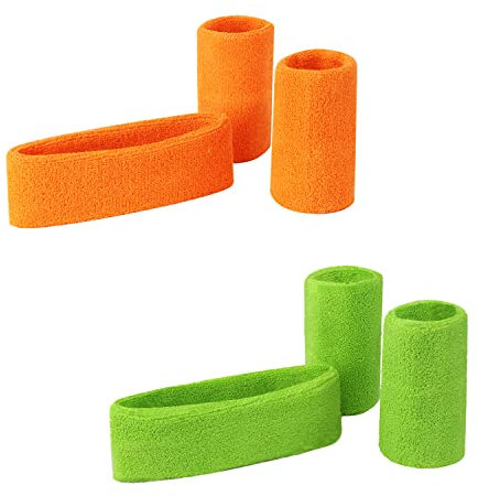 Set mit 6 grün-orange fluoreszierenden Schweißbändern, einschließlich Sport-Stirnband und Armband-Schweißbändern für Fitnessstudio, Sport, Laufen, Training, Schweißbänder, Feuchtigkeitstransport