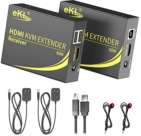 huasion KVM Extender HDMI USB 60m/196ft Over Cat5e/6 Ethernet Cable Supports 1080P@60Hz 2 Port USB 2.0 for Computer Plug & Play Without Driver