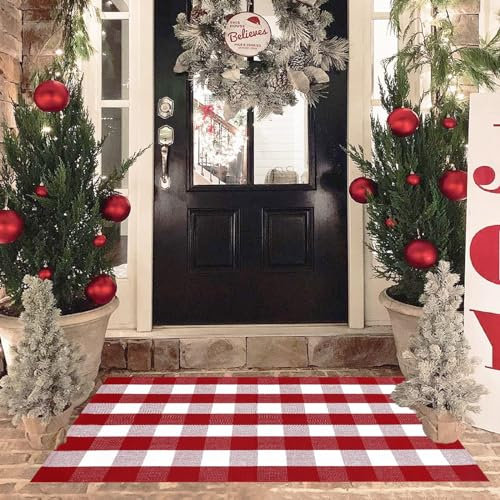 Rot und Weiß karierter Teppich, Weihnachten Outdoor Haustür Dekor Matte, Eingang (Rot & Weiß kariert, 152.4 cm Lx91.4 cm cm Breite)