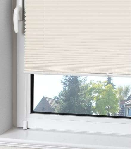 OUBO Plissee Klemmfix ohne Bohren Aluminium-Schienen, Beige 60 x 120cm(BxH), lichtdurchlässig & Blickdicht, Jalousie Faltrollo Innen für Fenster & Tür