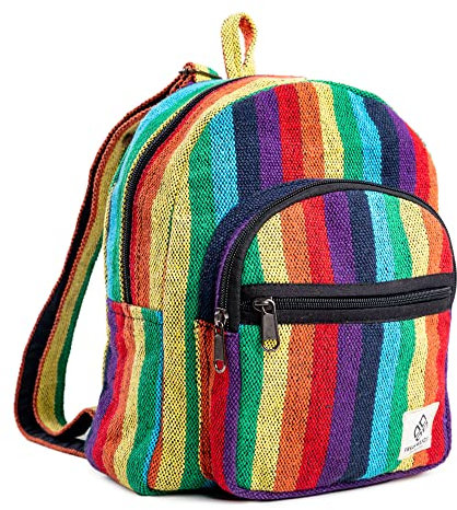 Freakmandu Mini-Hanf-Rucksack, umweltfreundlich, Unisex, rustikal, langlebig, Mehrfarbig: Regenbogenstreifen, Mini, Boho Mini Damen Hanf Rucksack
