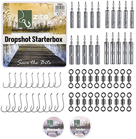 Zite Fishing Drop Shot Starter-Set Classic 73-TLG – Große Einsteiger-Box Finesse Barsch & Zander Angeln – Blei-Gewichte Angel-Haken Tönnchen-Wirbel Fluorocarbon Vorfach-Schnur