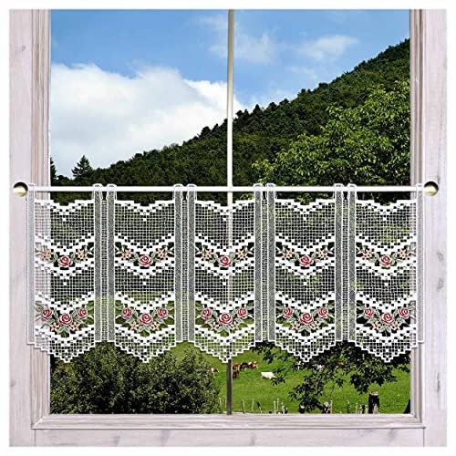 Landhaus-Scheibengardine Rosalie in rot aus Plauener Spitze Mini-Scheibenhänger mit Rosen-Blüten und Karo-Muster 35 x 48 cm