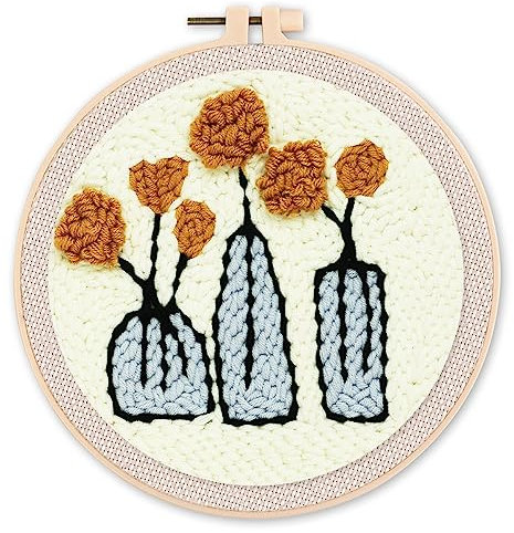 Figured'Art Punch Needle Set für Erwachsene - Stickerei, ideal für Anfänger - Blumen in Vasen - 20x20cm mit rundem Rahmen