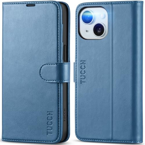 TUCCH Wallet Case for iPhone 15 (6.1) 2023, Magnetic Protective PU Leather Flip Folio Cover with [RFID Blocking][Credit Card Holders]Viewing Stand[Shockproof TPU]Compatible with iPhone 15, Lake Blue