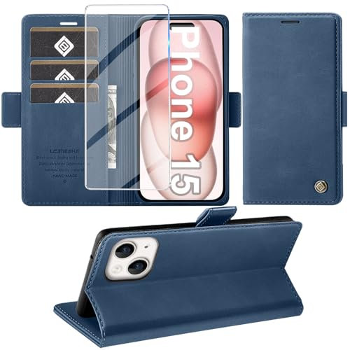 Giyer Handyhülle für iPhone 15 Hülle mit Schutzfolie, Standfunktion Kartenfach Wallet Premium Leder Schutzhülle für iPhone 15 5G 2023 Flip Case Cover Tache Stoßfeste Klapphülle (Blau)