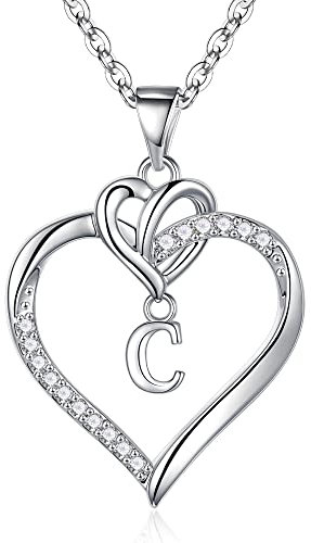 TINGN Kette Damen Silber Kette mit Buchstaben, 14K Vergoldet Buchstabenkette mit CZ Herz Anhänger Kette Intiale C Halskette Damen Herzkette für Frauen Mädchen Schmuck Geschenke für Freundin Teenager