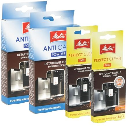 Reinigungs/Pflege-Set von Melitta für Kaffeevollautomaten, 2 x 4 Melitta Perfect Clean Reinigungstabletten + 2 x Melitta Ant Calc Entkalkungspulver