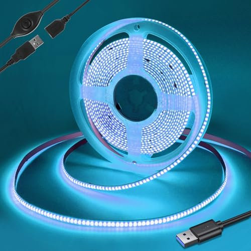 Yamlten 5V COB Led Streifen Hellblau mit Schalter,320 LEDs/M Dimmbar LED Strip für TV Hintergrundbeleuchtung,Computer,Schrank,Schlafzimmer DIY LED Band 1.5m.(Stromversorgung schließt aus)