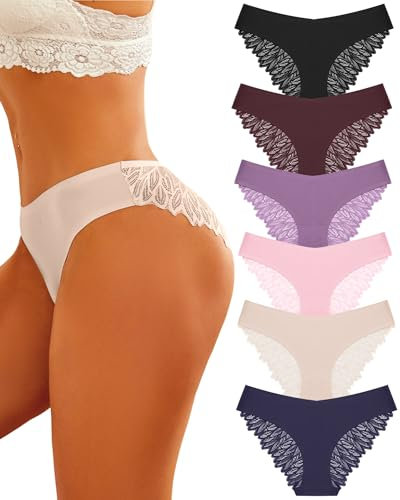 ALL OF ME 6er Pack Seamless Unterwäsche Damen Slip Nahtlos Spitzen Slips Frauen Unterhosen Spitze Sexy V Waisted Panties Bequem Brazilian Hipster Mehrpack-L