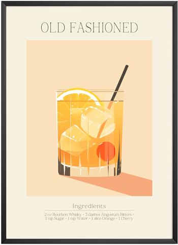 MJ-GRAPHICS - Poster Old Fashioned - Bild mit Cocktail Rezept - Wandbild Din A3 in Galerie Qualität mit extra dickem 300g Posterpapier - Retro Poster Cocktail - FineArt Kunstdruck ohne Bilderrahmen
